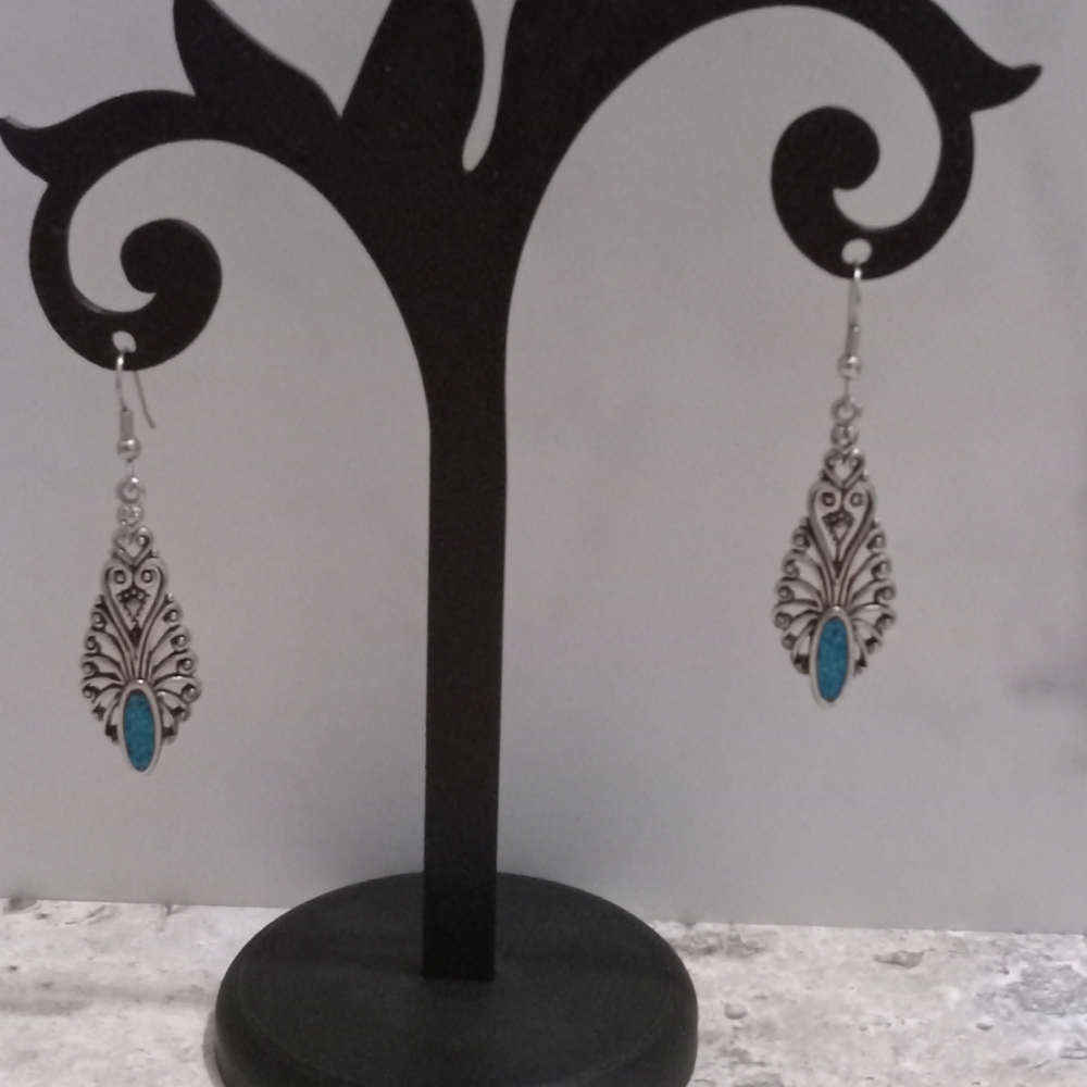 Silver and Blue Art Nouveau Earrings With Intricate Design